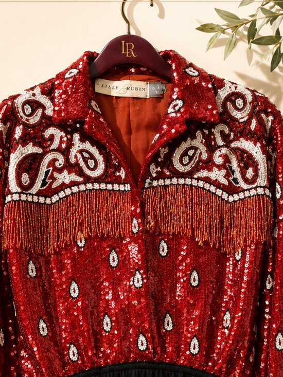 Lillie Rubin Tops - Western Glam Rodeo Queen Lillie Rubin Silk Hand Beaded Sequin Fringe Bodysuit M